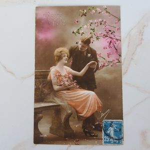 Vintage 'BonneFete' colorized French postcard of a couple floral ANTIQUE